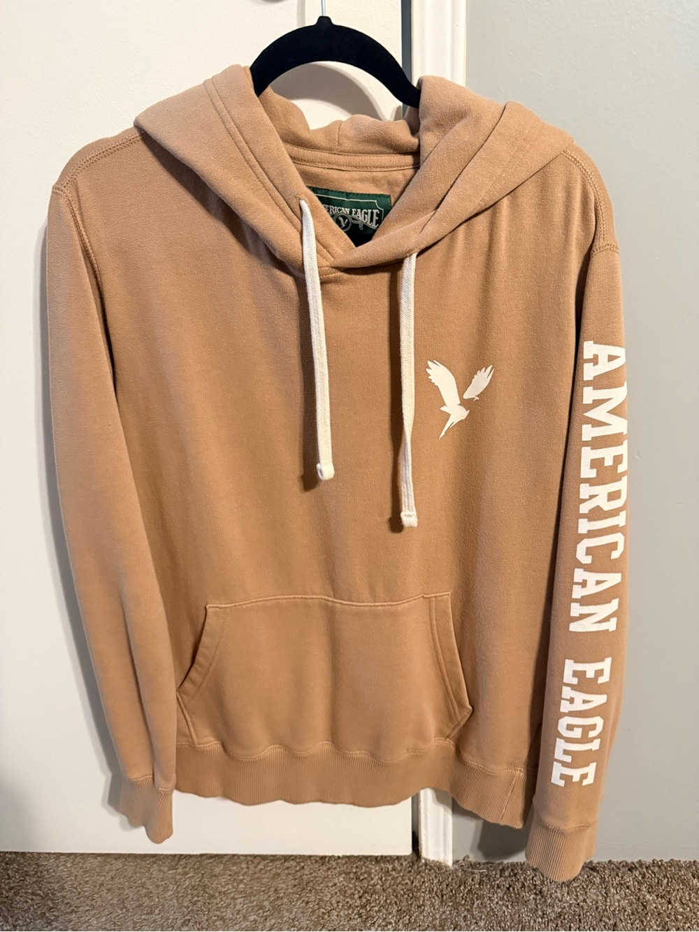 American Eagle Outfitters Men's Tan Pullover Hoodie with White Logo
